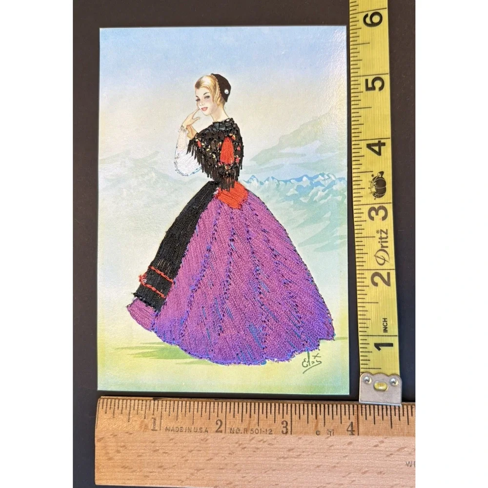 Vintage Embroidered Card of Woman‎ Wearing Swiss National Costume Purple Black